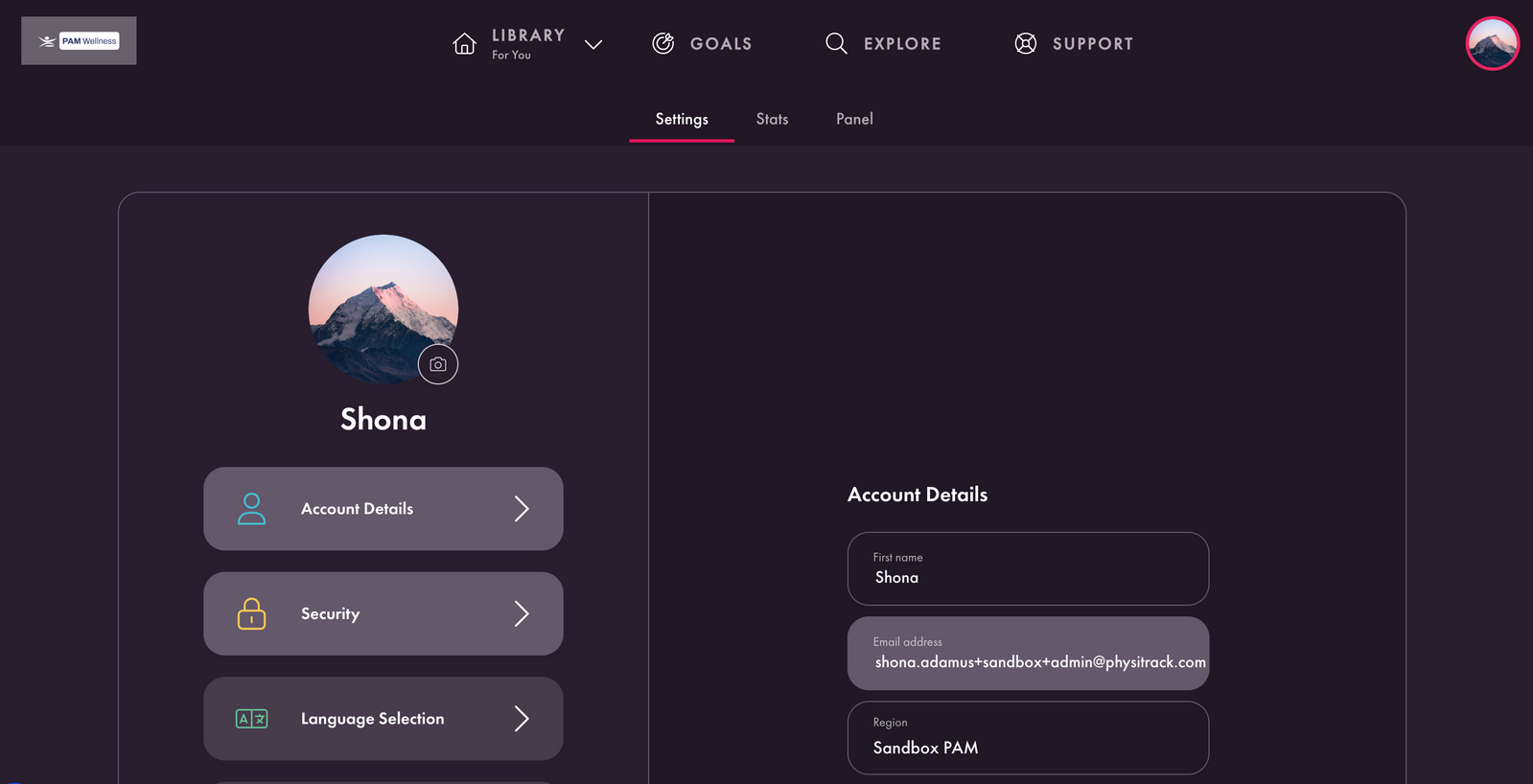 Account details section on PAM Wellness App
