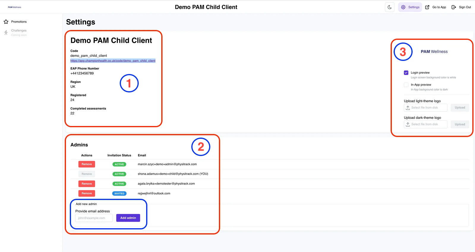Admin dashboard with pointers to the various sections