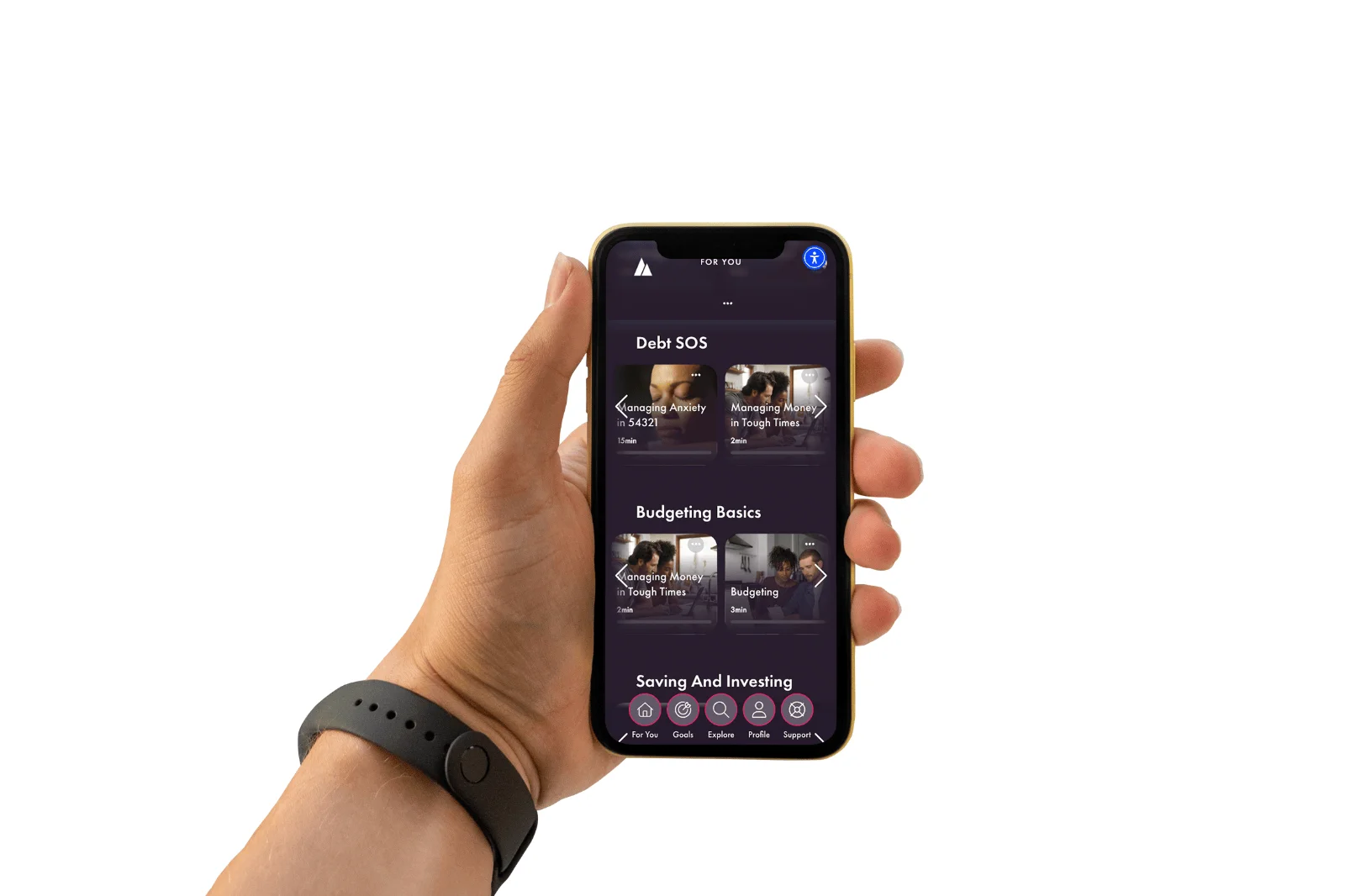Mobile phone in hand with PAM Wellness app open