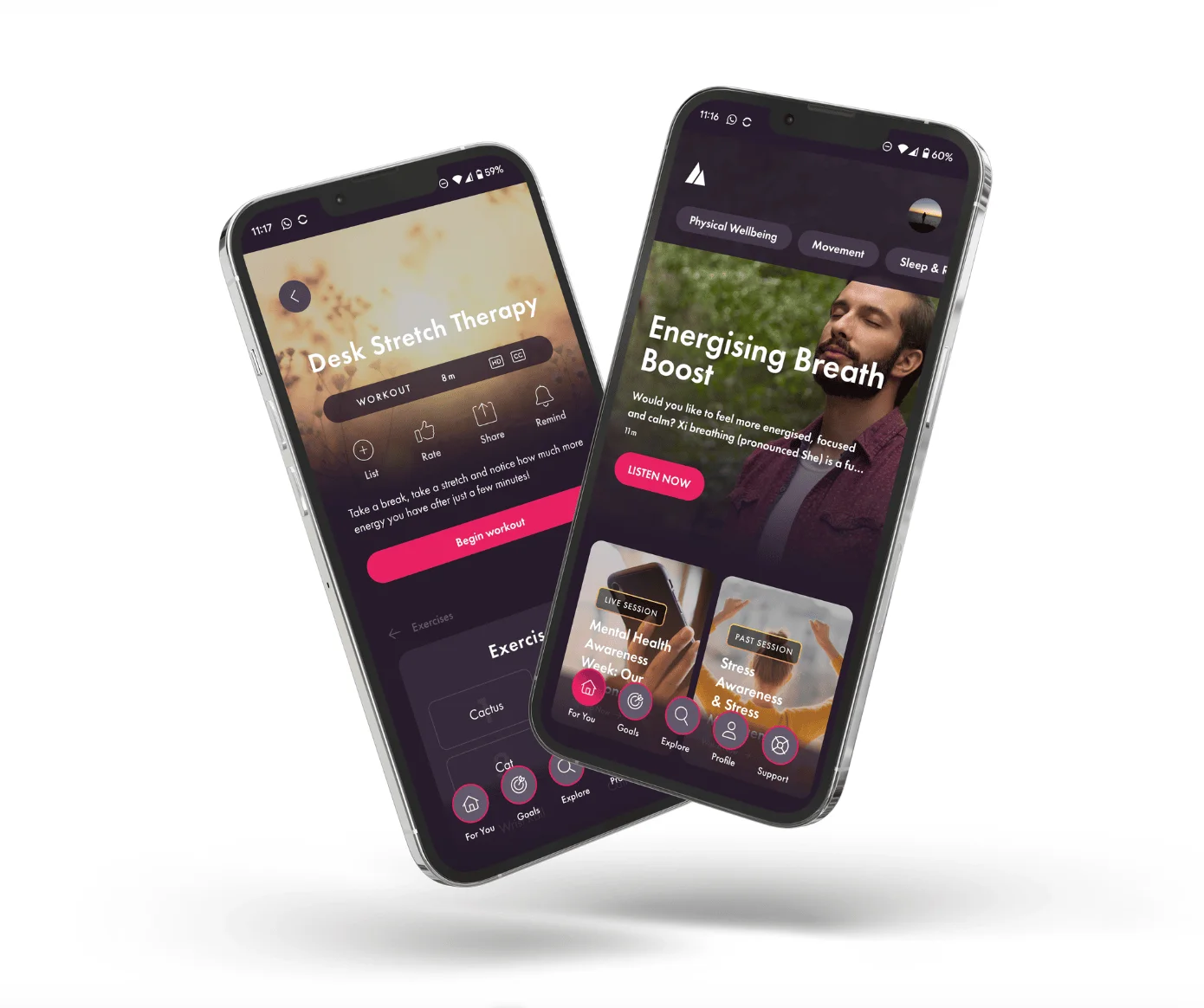 Two mobile phones showing PAM Wellness app